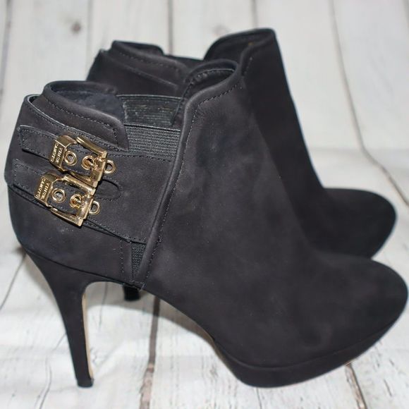 Vince Camuto Shoes - Vince Camuto Black Gold Buckle Suede Heeled Booties Women's Size 6.5